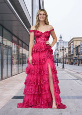 Beverly | Fuchsia A Line Off the Shoulder Ruffle Prom Dress with Slit - Fuchsia - PromDressClub